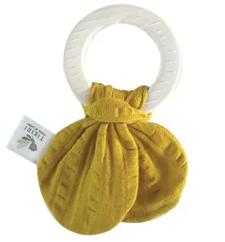 Fat Brain Toy Rubber Teething Ring with Yellow Mustard Muslin Tie Fashion